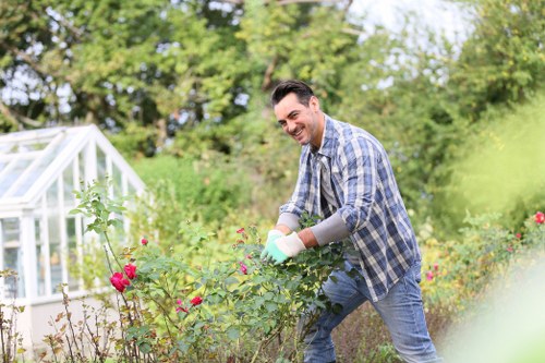 Inspector reviewing hedge condition with notes and camera