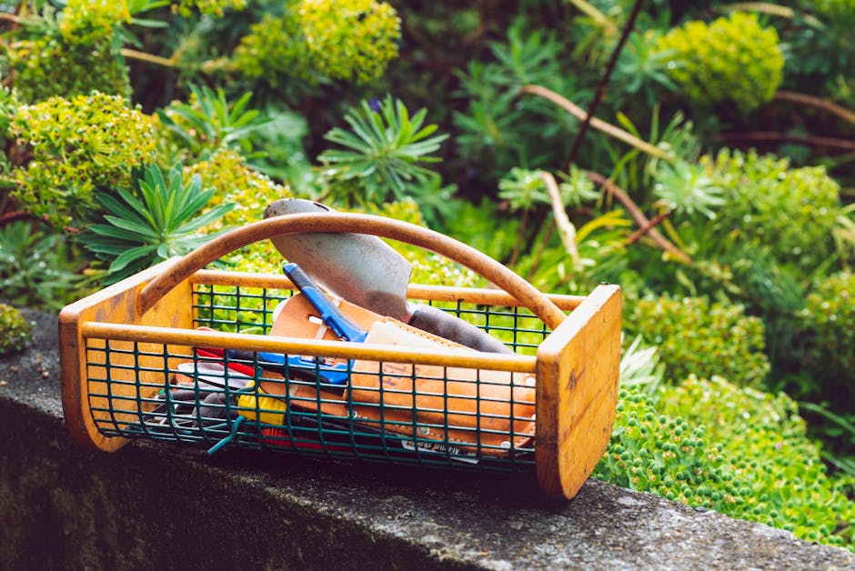 A wooden-handled gardening basket resting on a stone wall in a lush garden setting. Inside the basket, there is a small trowel with a metal blade, a pair of gardening gloves, and other small tools, al